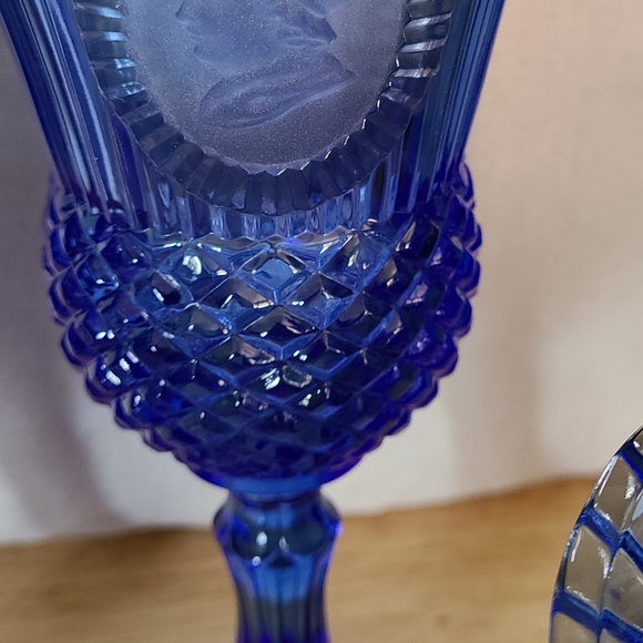 Vintage Fostoria Cobalt Blue Avon Pitcher/Creamer and Two Goblets W/ Orig Candle - Picture 4 of 11